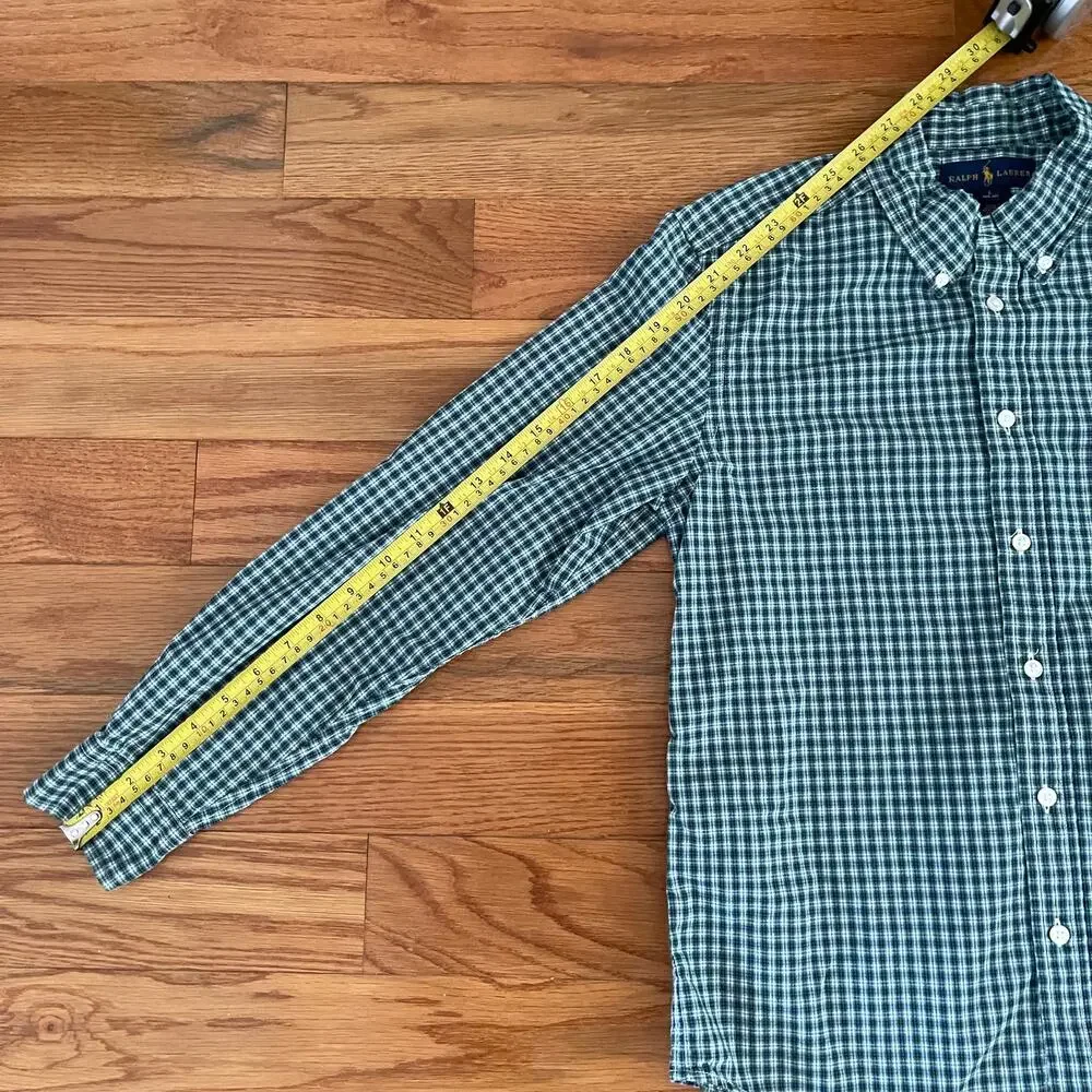 Ralph Lauren Boys Large 14/16 Green Blue Gingham Button Down Shirt Sleeve